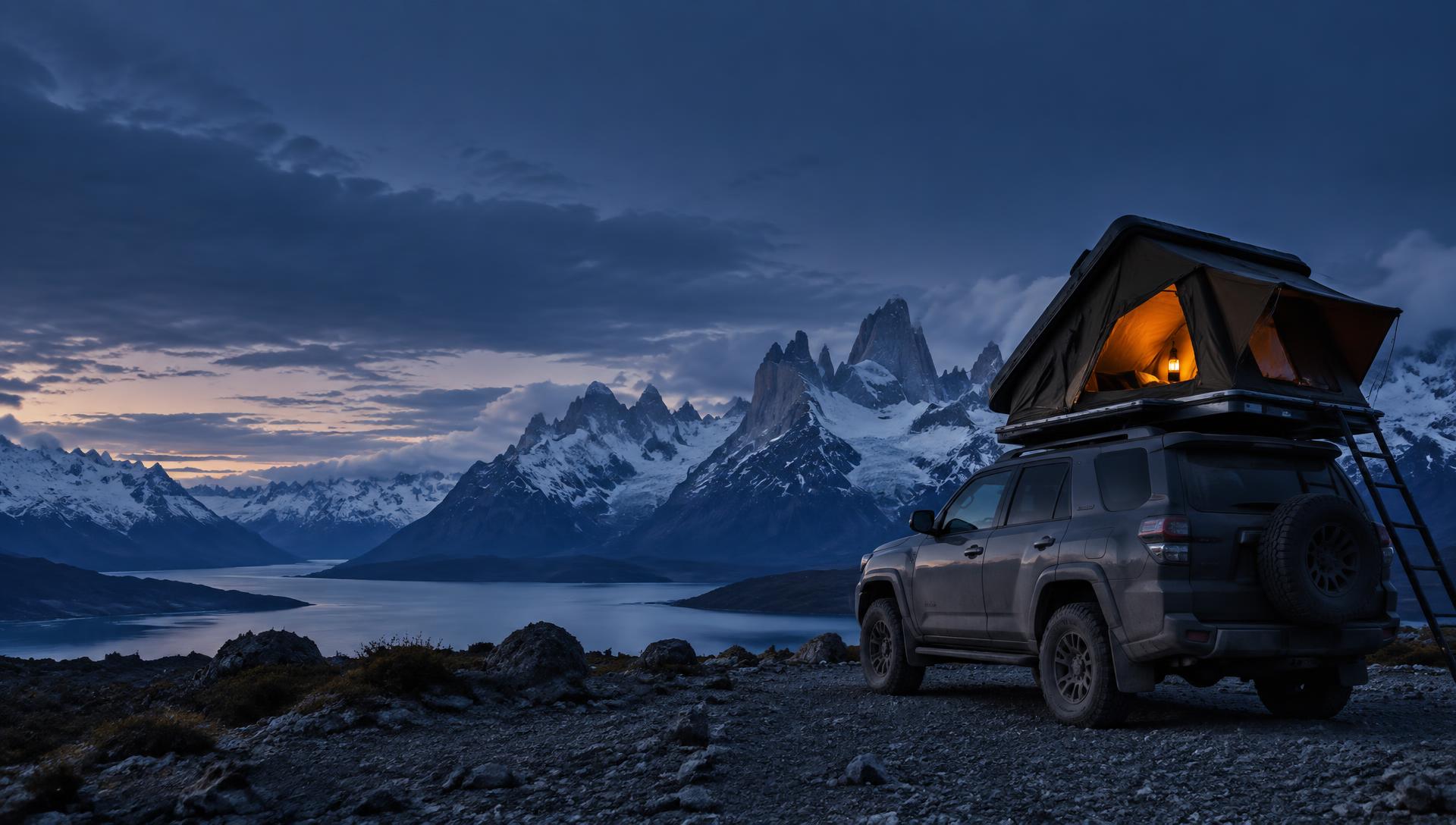 SUV con carpa de techo abierta frente a montañas nevadas